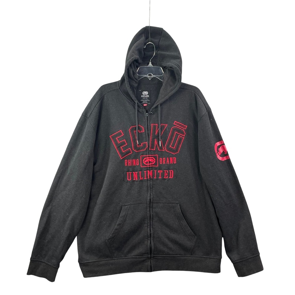 Ecko Unltd Zip Hoodie Men's 2XL‎ Black Rhino Logo Streetwear Full Zip Sweatshirt